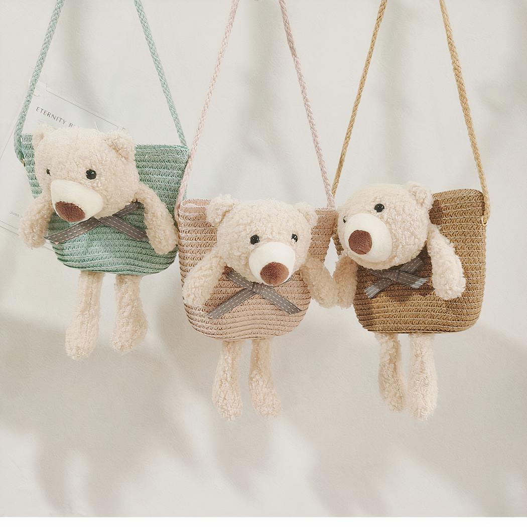 Bolso bandolera de paja de colores con osito de peluche - Imagen 3