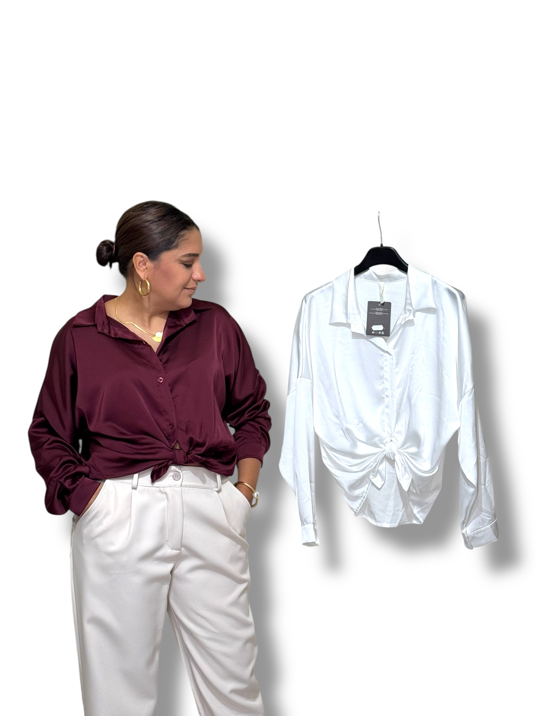 Camisa de raso burdeos CRISTAL mujer tallas 34 a 42