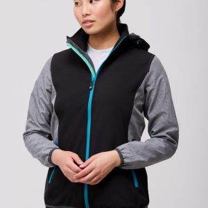 Chaqueta softshell mujer combinada, bies elástico y capucha.