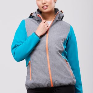 Chaqueta softshell mujer combinada, bies elástico y capucha.